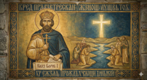 История на кръщението в България – артистична илюстрация на Княз Борис I със символи на вярата и ранната славянска писменост.